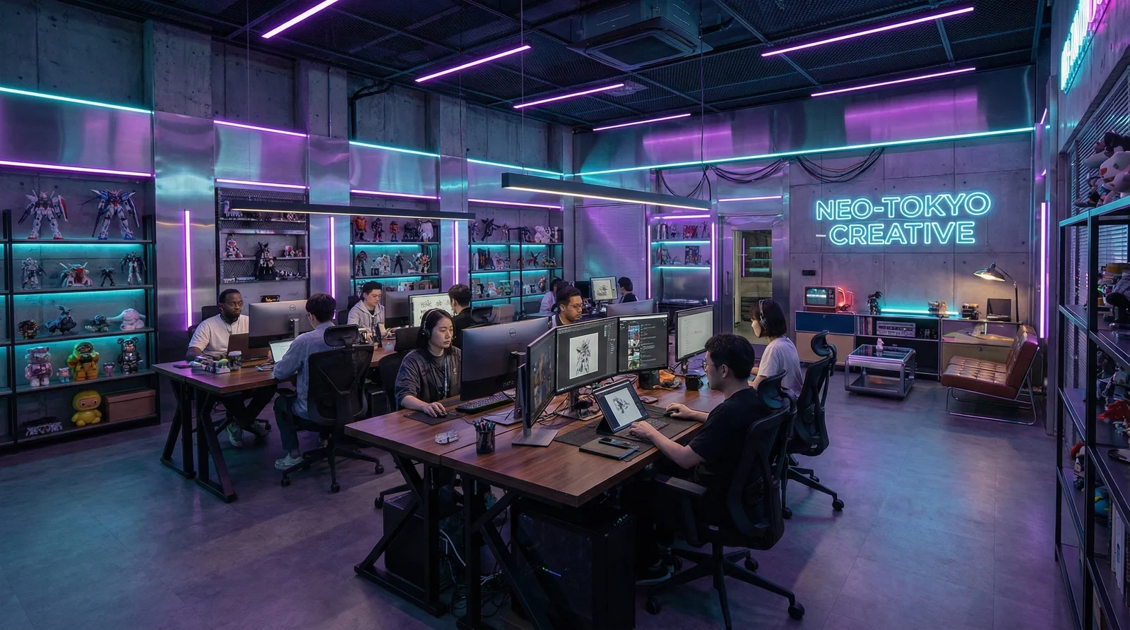 困困狗-困困狗最新爆料与原创精选|困困狗团队在赛博朋克风格创意办公室中工作